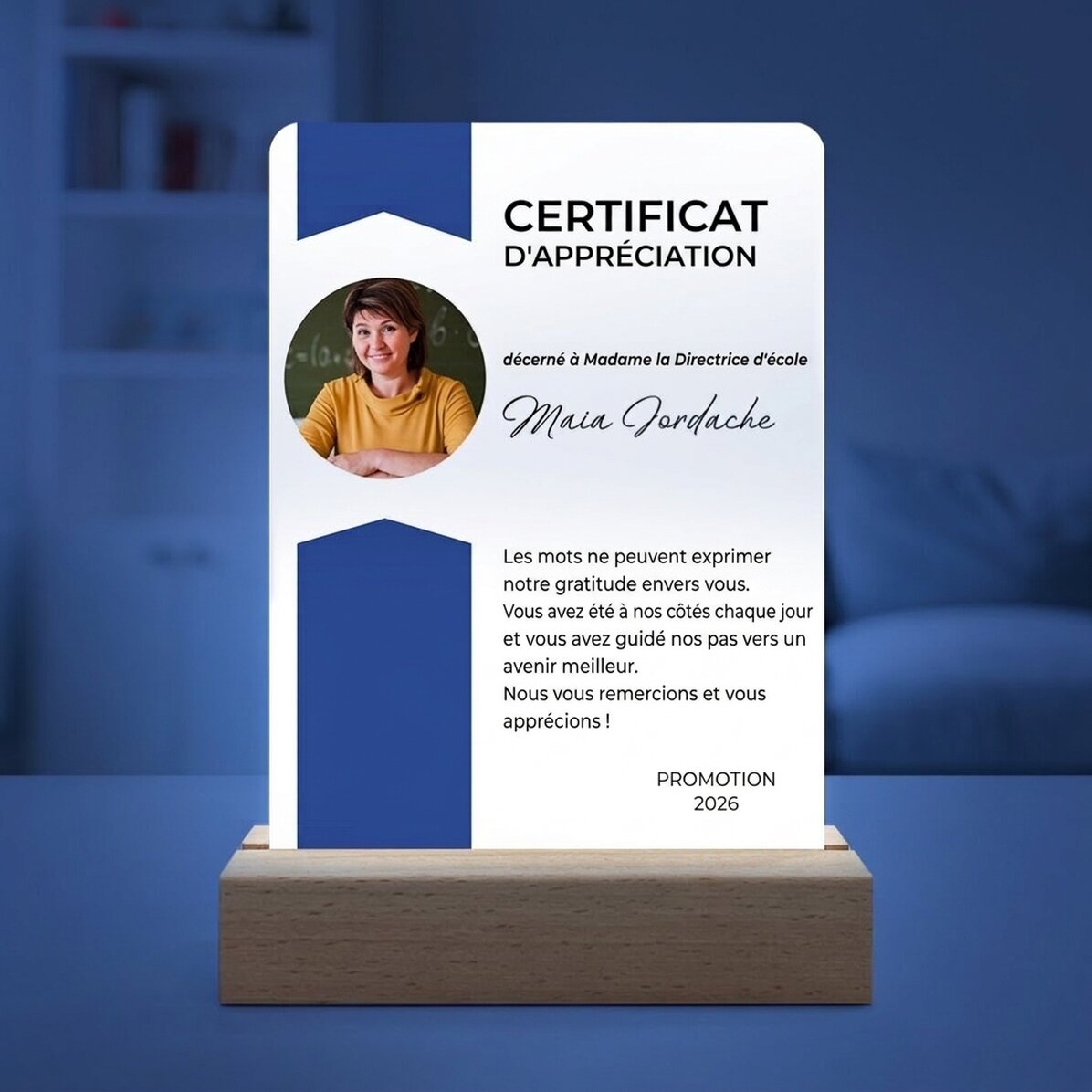 Lampe de veille LED personnalisée avec une photo et un message - Certificat de reconnaissance