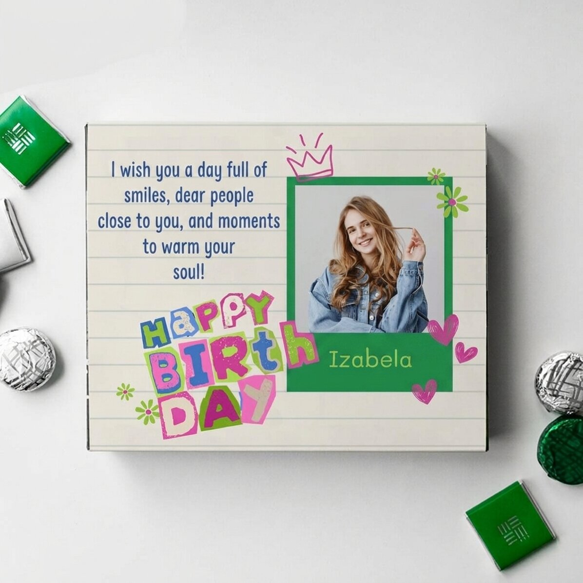 Boîte de bonbons personnalisée avec une photo et un message - Joyeux anniversaire !