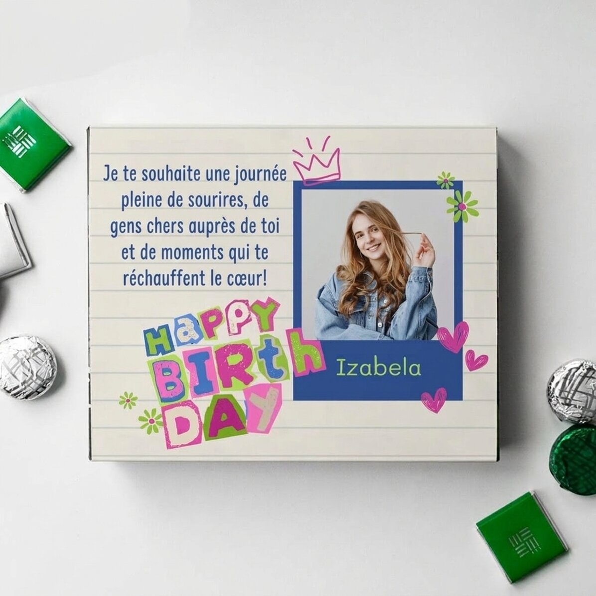 Boîte de bonbons personnalisée avec une photo et un message - Joyeux anniversaire !
