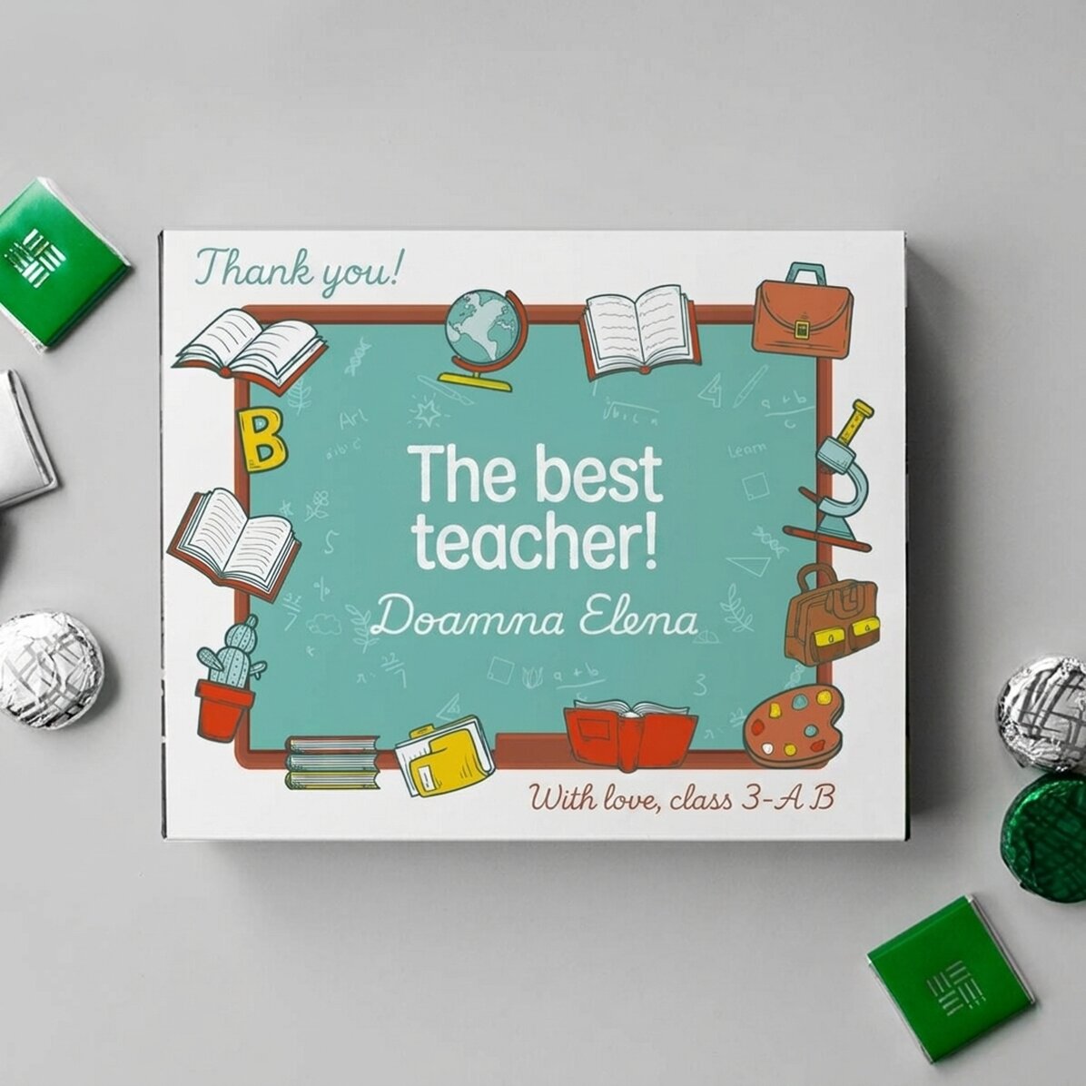 Boîte de bonbons personnalisée avec un message de remerciement pour les professeurs