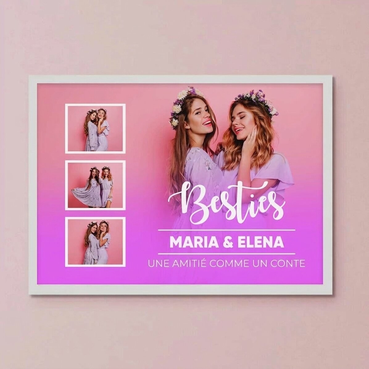 Tableau personnalisé avec 4 photos et un texte - Rose