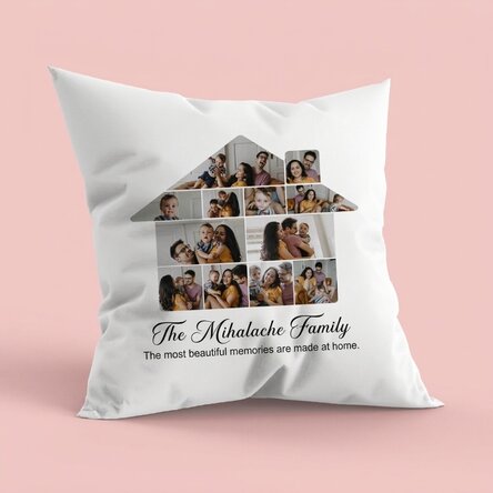 Coussin personnalisé avec 12 photos et un texte - Notre maison