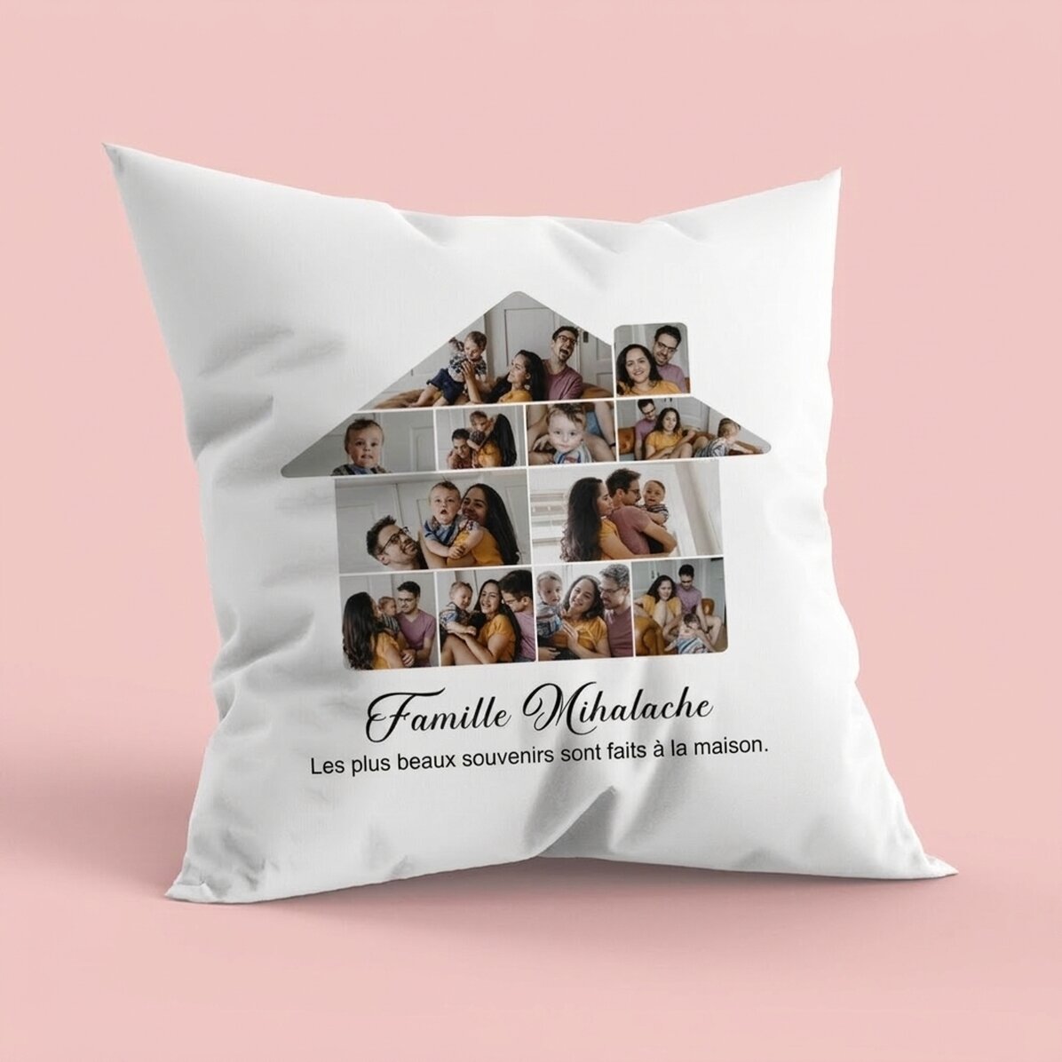 Coussin personnalisé avec 12 photos et un texte - Notre maison