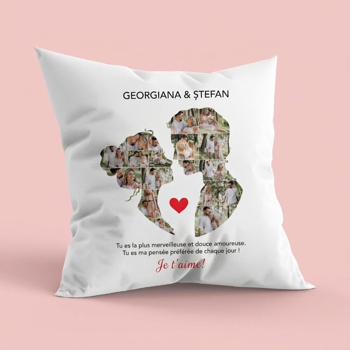 Coussin personnalisé avec 17 photos et un texte pour un couple - Notre amour