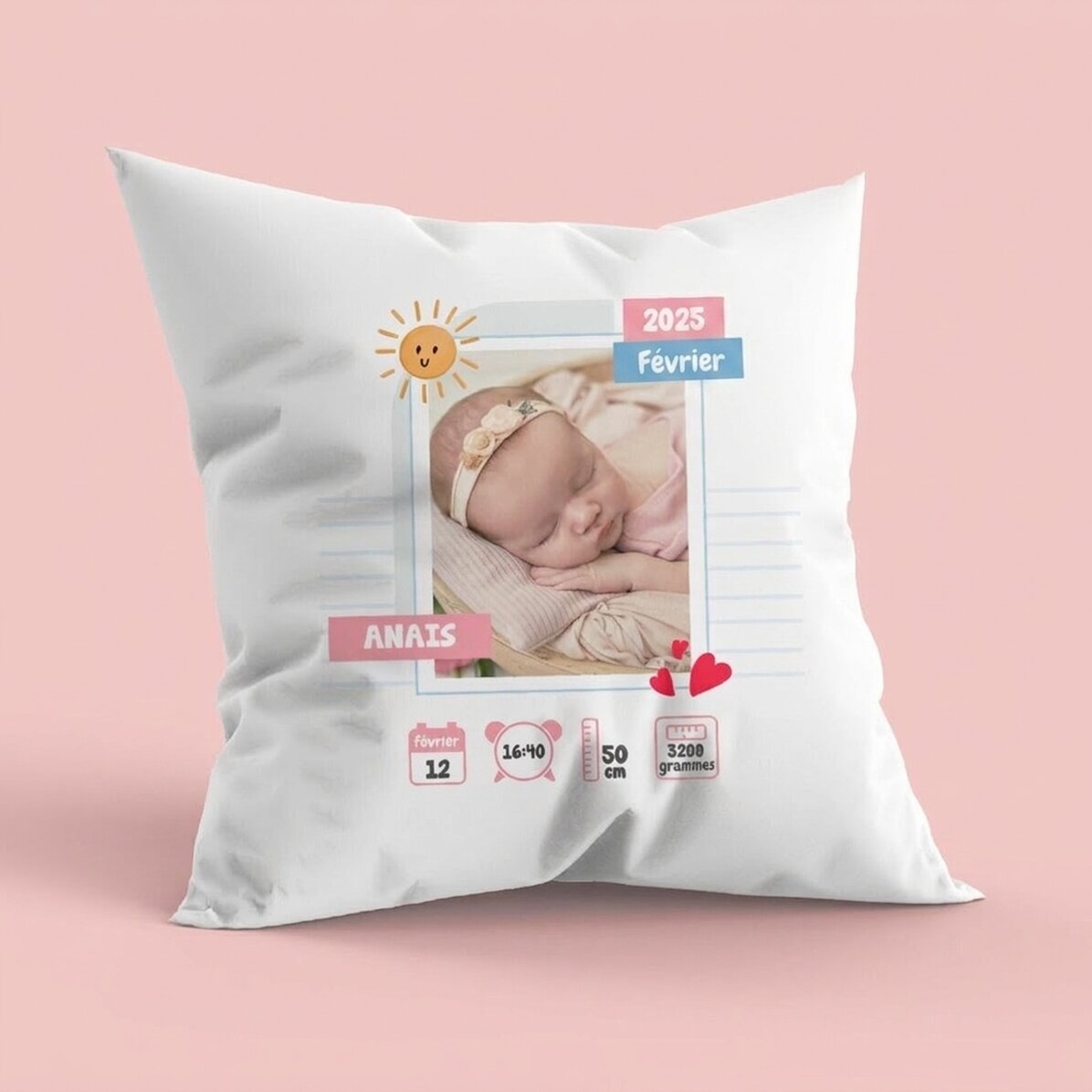 Coussin personnalisé avec une photo et un message - Hello, Baby