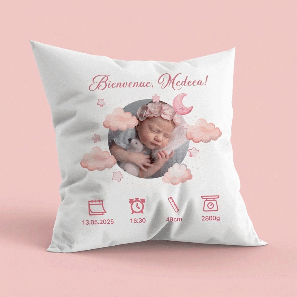 Coussin personnalisé avec une photo et un message - Bienvenue