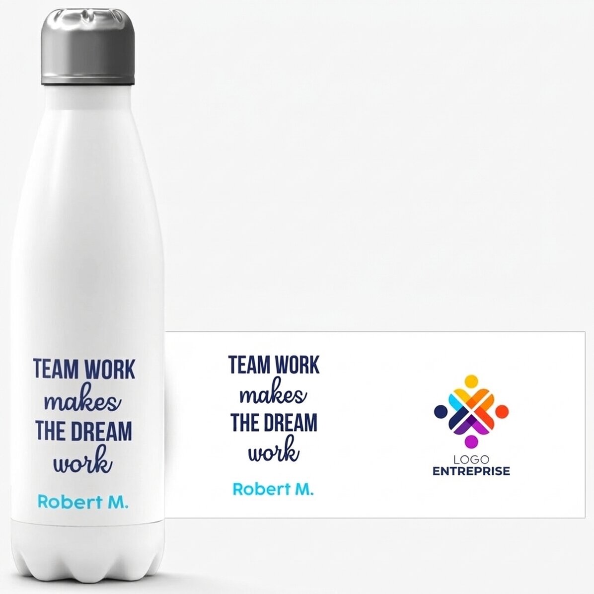 Thermos à base blanche personnalisé avec logo et message - Team work