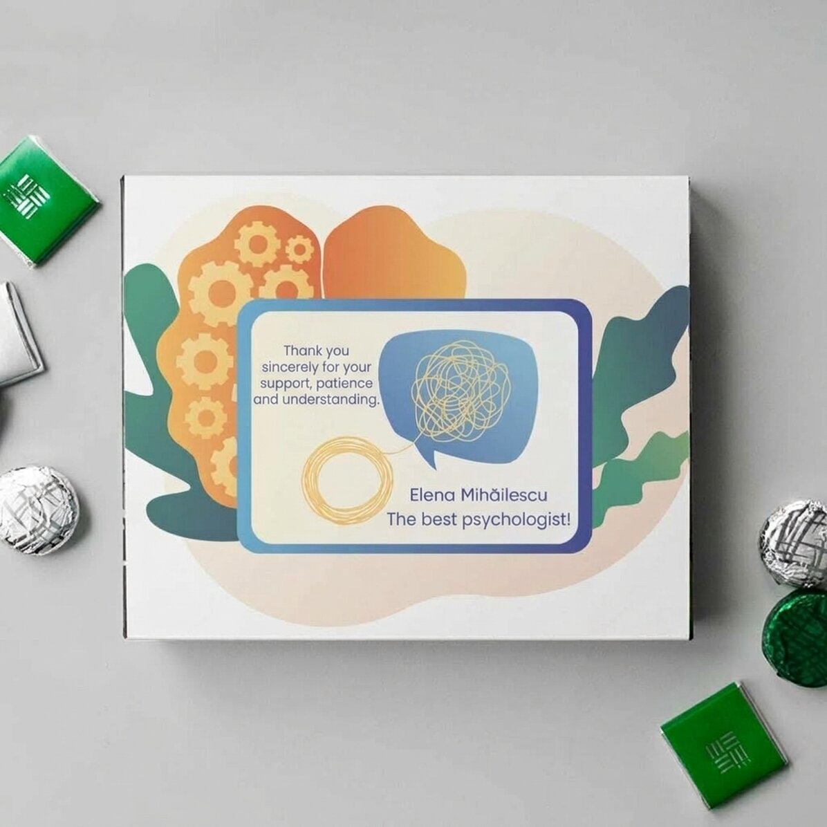 Boîte de bonbons personnalisée avec un message de remerciement pour les psychologues