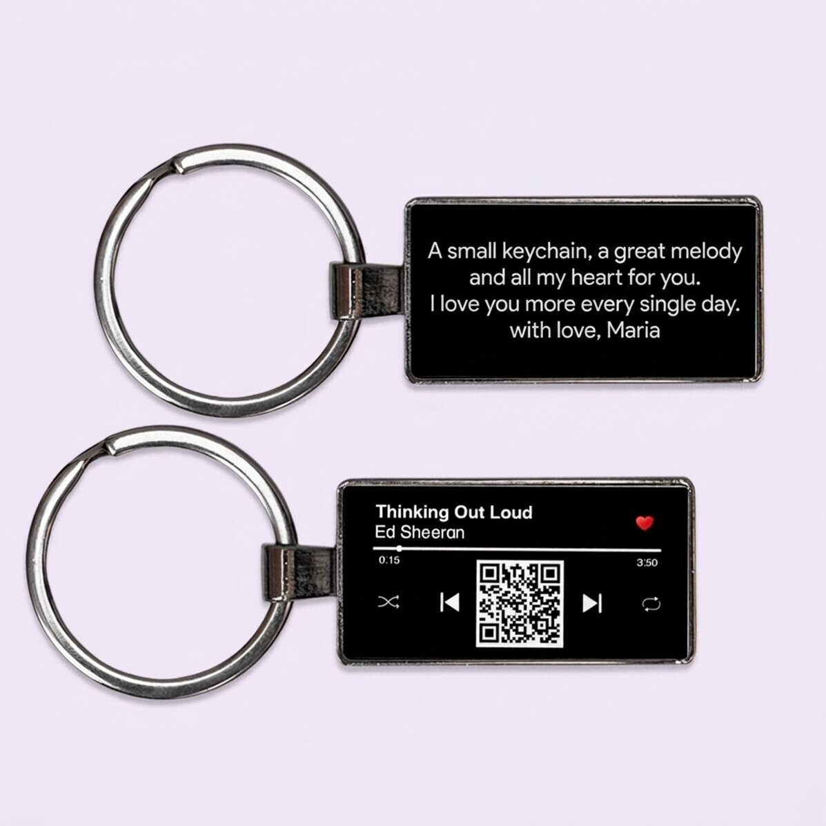Porte-clés personnalisé avec texte et code QR - Notre chanson