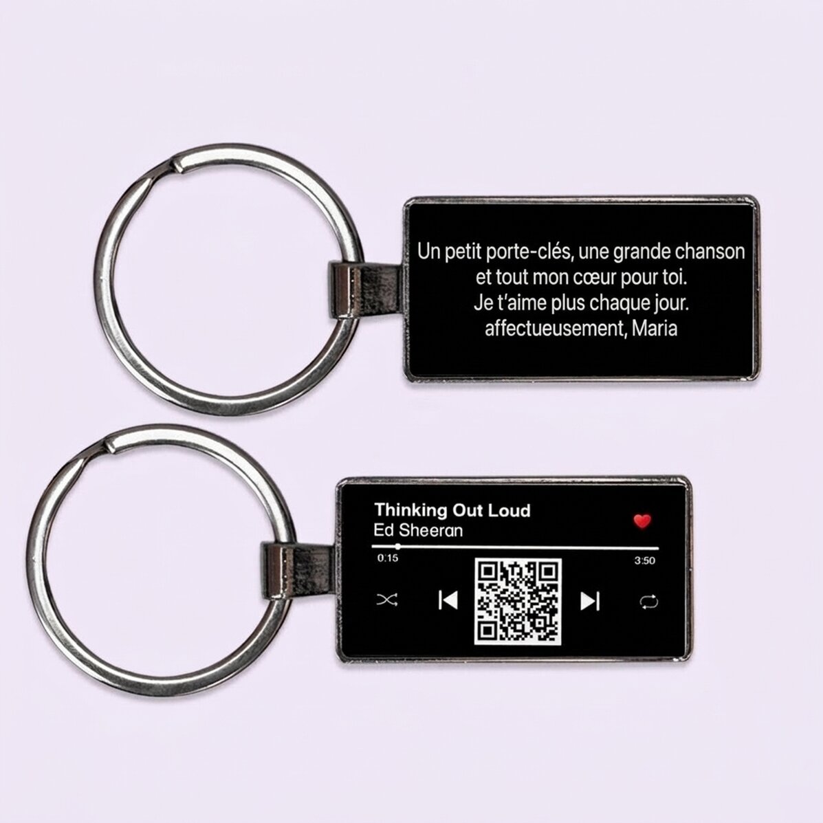 Porte-clés personnalisé avec texte et code QR - Notre chanson