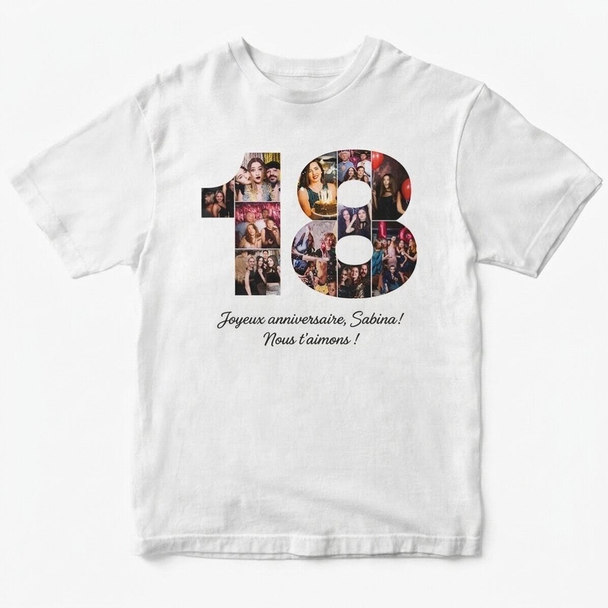 T-shirt en coton personnalisé avec 11 photos et un texte pour fêter ses 18 ans