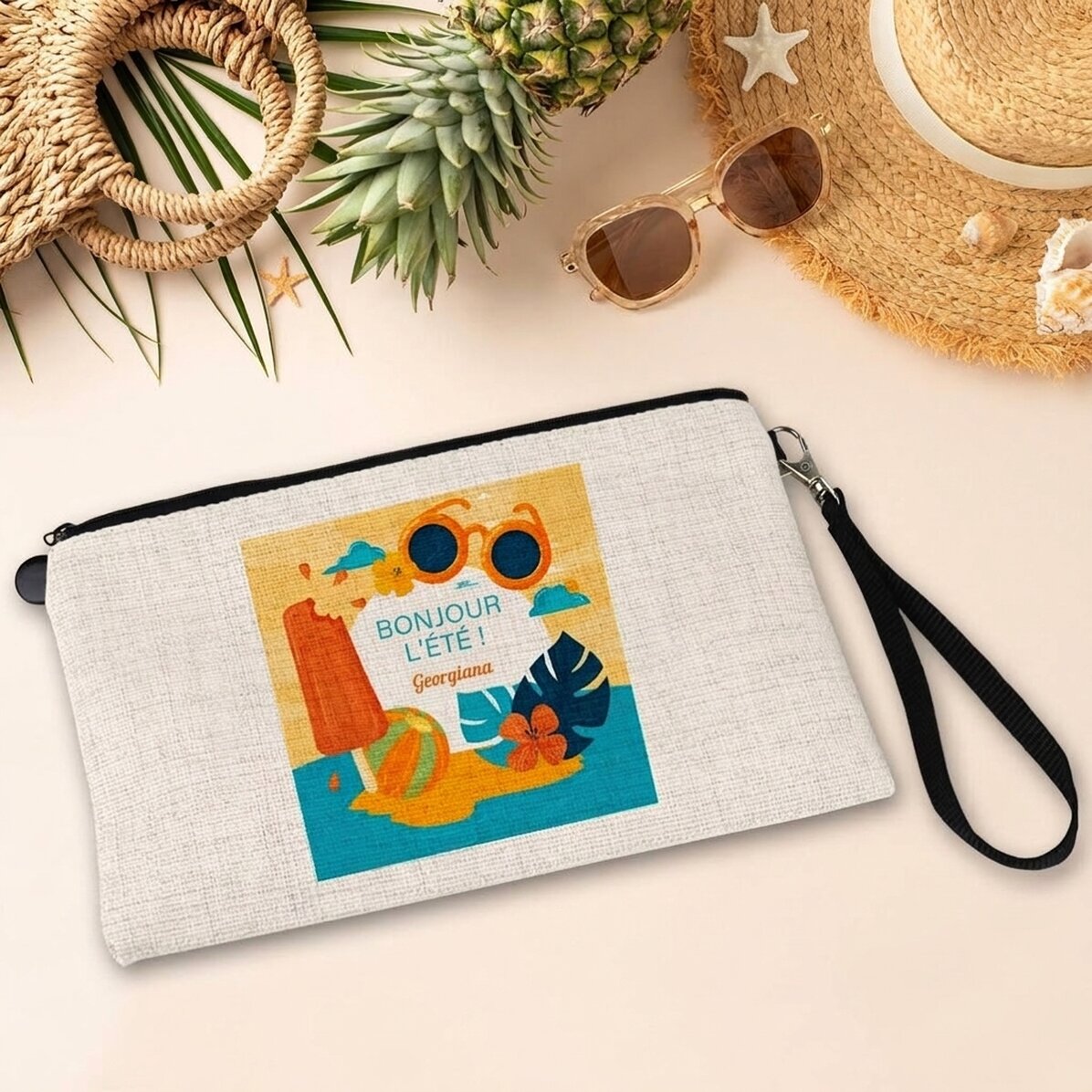 Petite pochette pour accessoires personnalisée avec le texte « Hello Summer ! »
