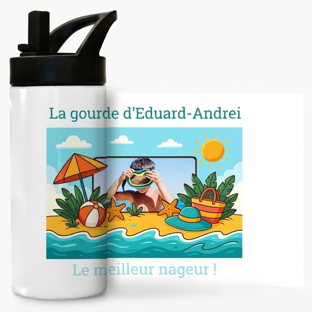 Thermos avec poignée et paille, personnalisé avec une photo et un message pour les enfants - Vacance