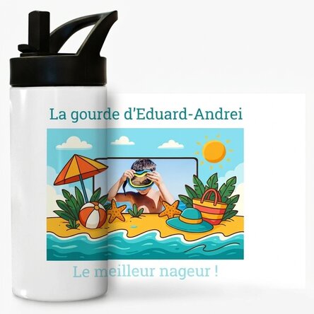 Thermos avec poignée et paille, personnalisé avec une photo et un message pour les enfants - Vacance