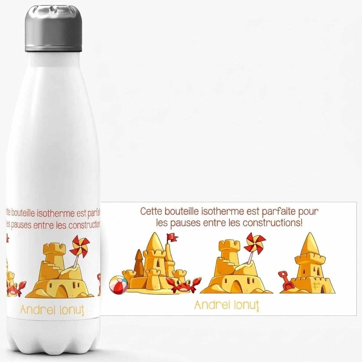 Thermos à base blanche personnalisé avec un message - Vacances à la mer