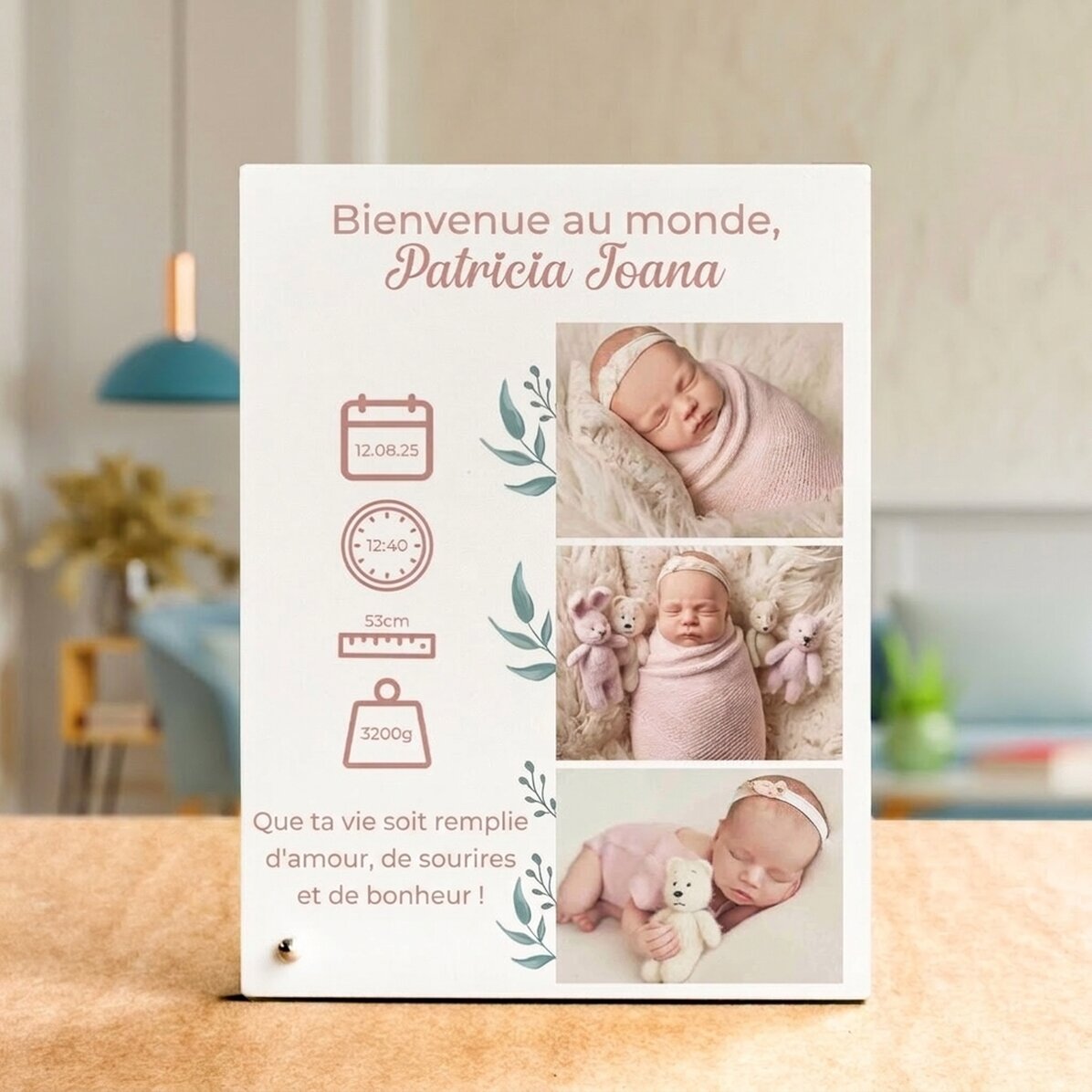 Cadre photo de bureau personnalisé avec un texte et 3 photos - Bienvenue dans ce monde