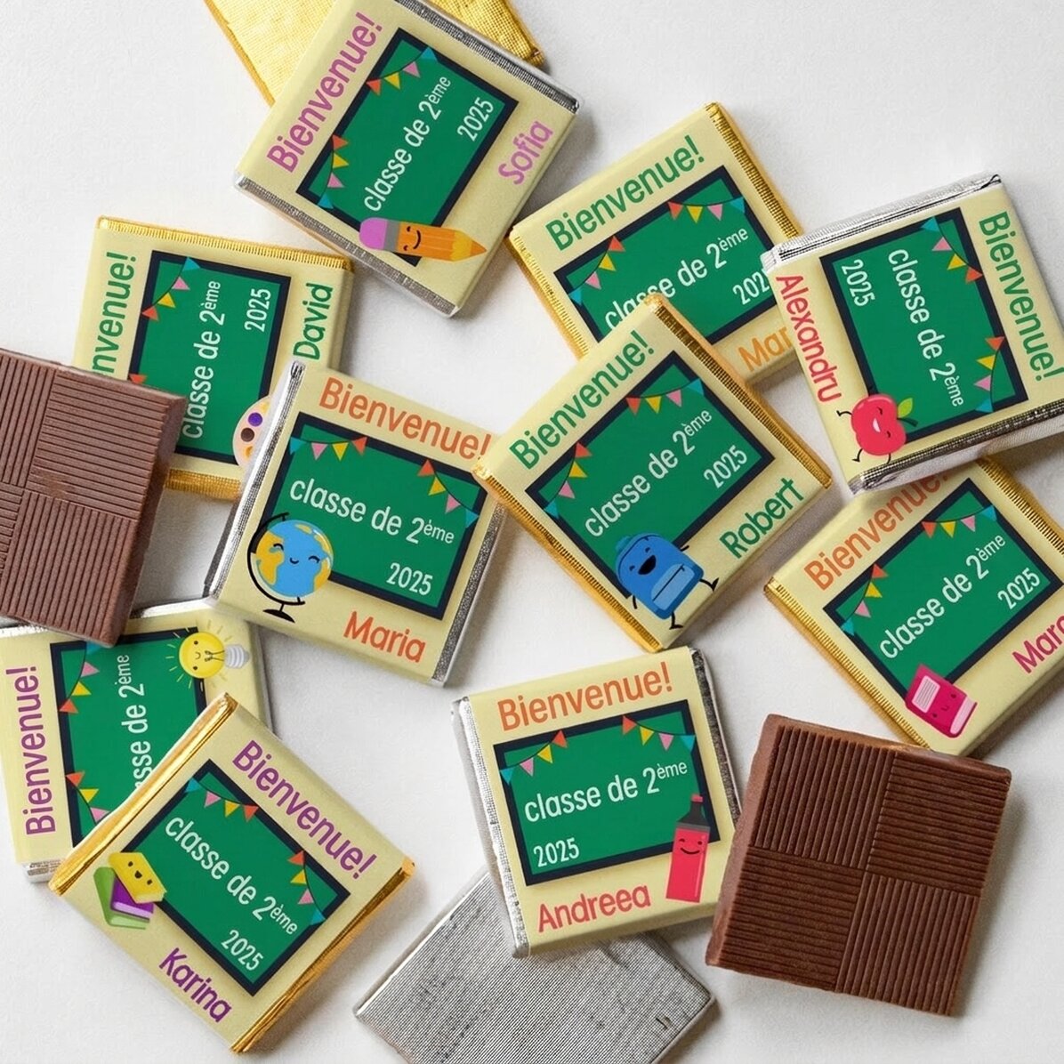 Lot de 10 mini-chocolats personnalisés avec le message « Bienvenue ! »