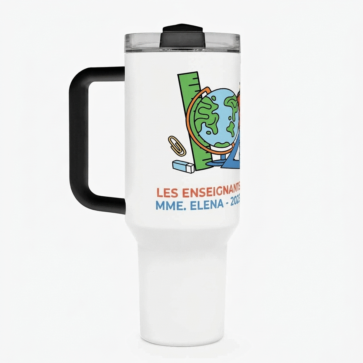 Tasse isotherme avec poignée et paille, personnalisée avec un message - Enseignants