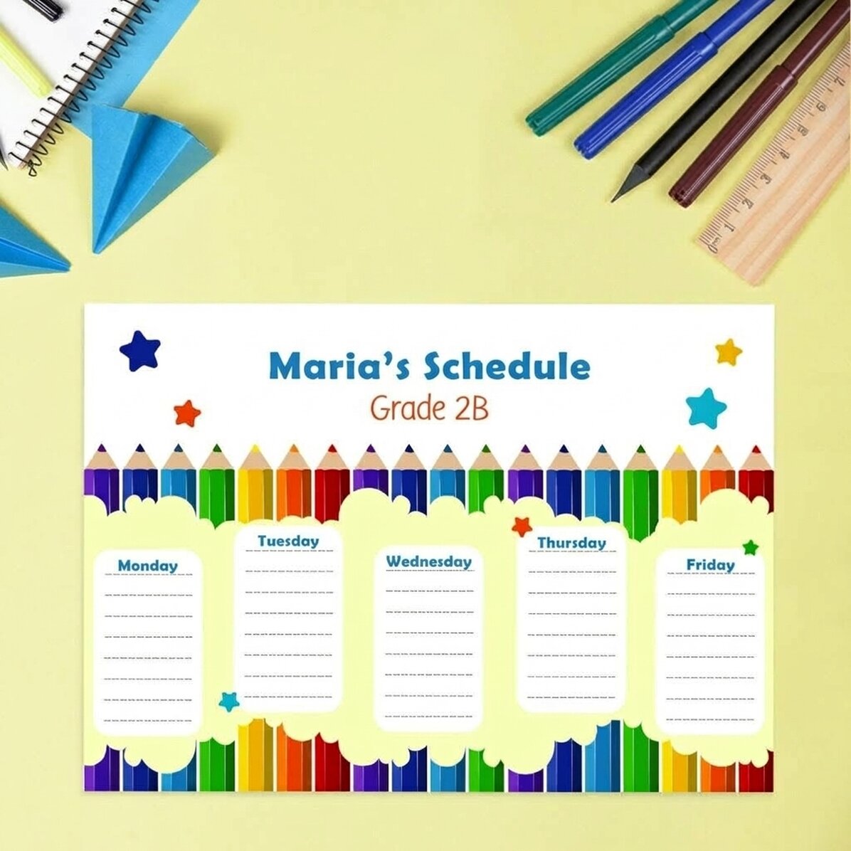 Emploi du temps personnalisé avec texte - Crayons de couleur