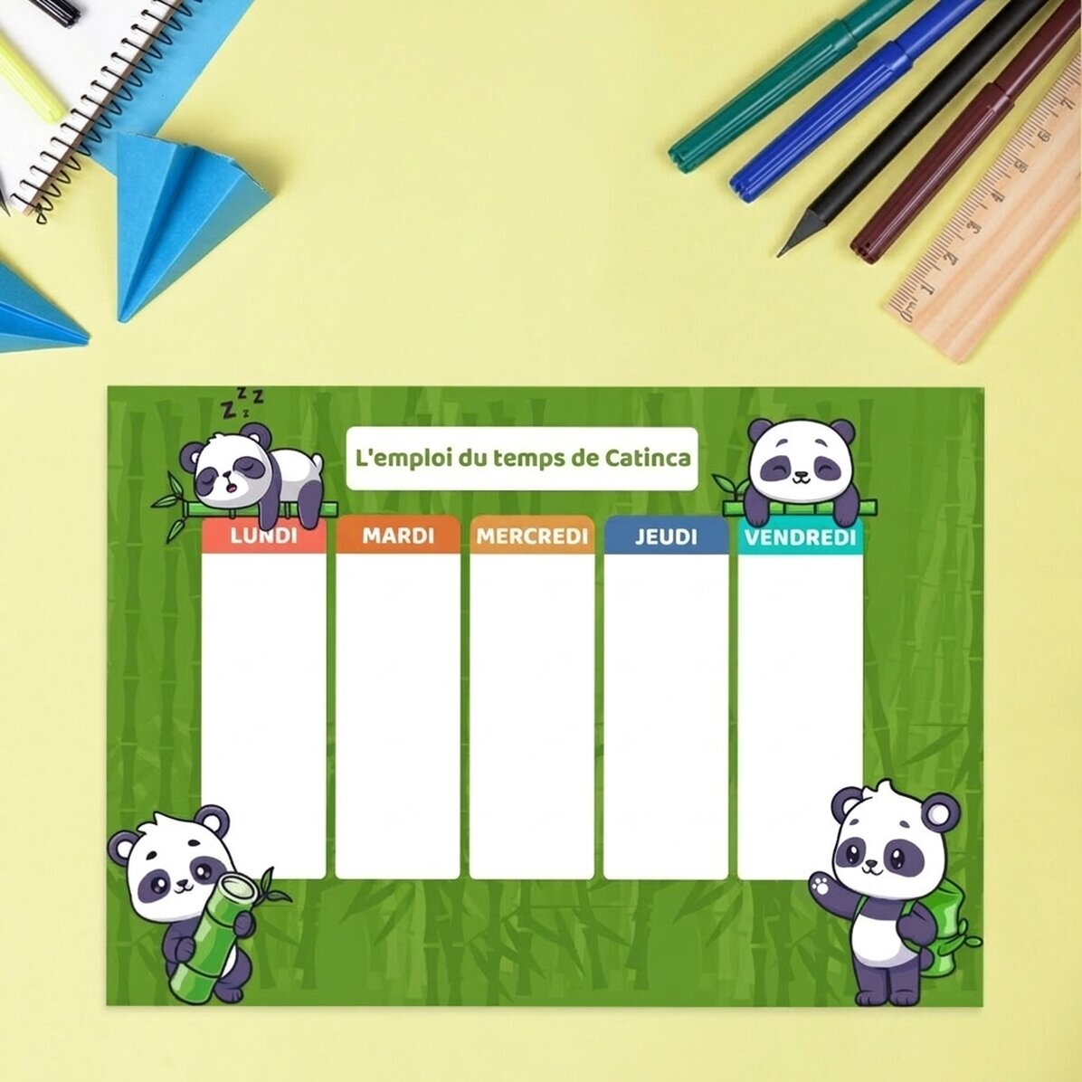 Emploi du temps personnalisé avec texte - Cute Panda