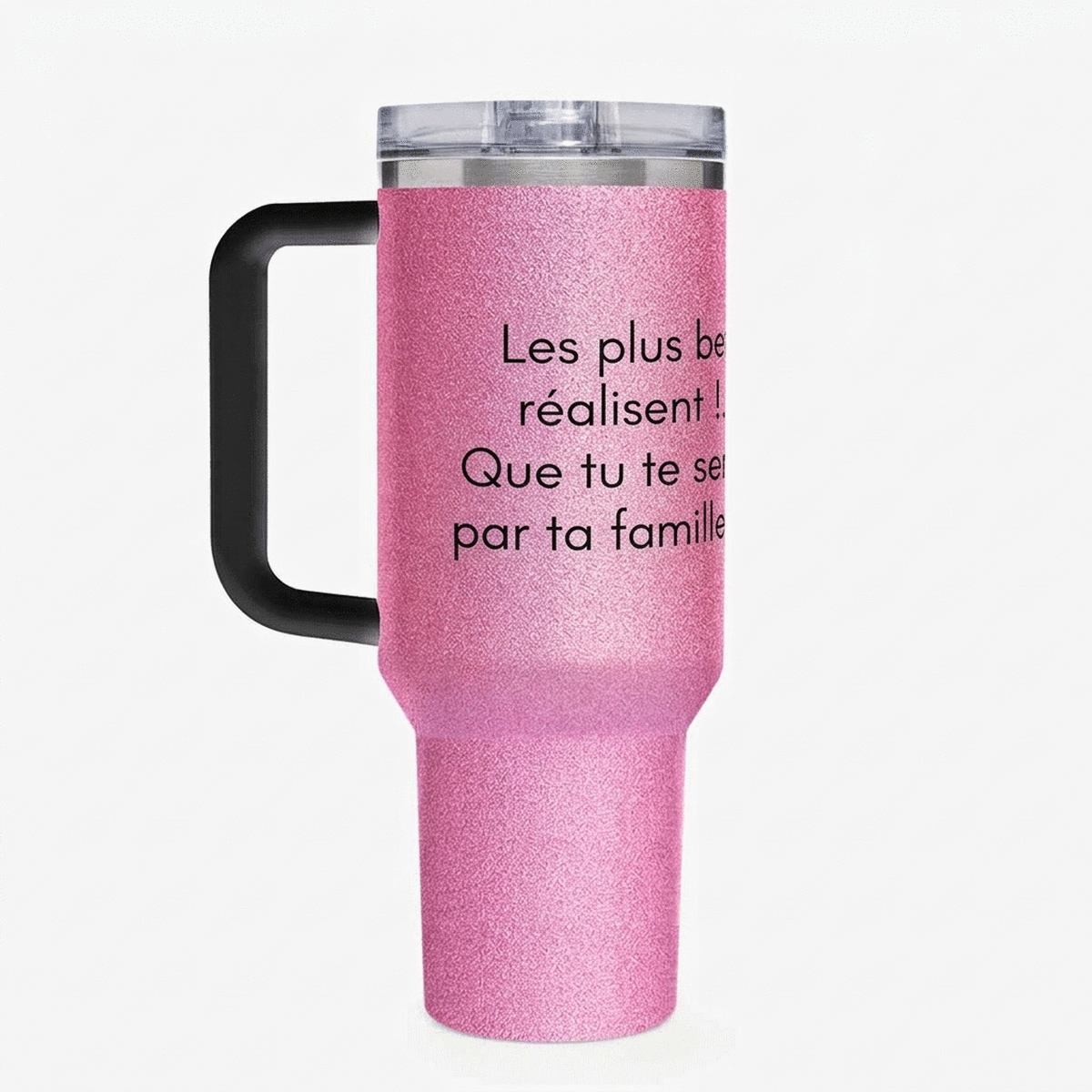 Tasse isotherme avec poignée et paille, personnalisée avec un message pour vos proches