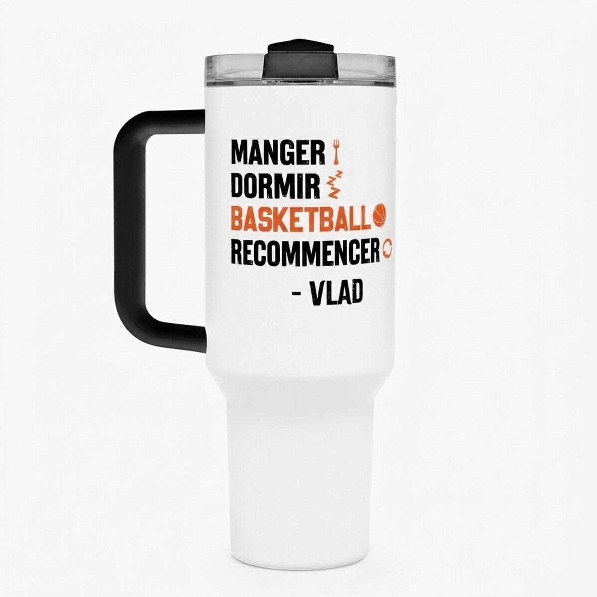 Tasse isotherme avec poignée et paille, personnalisée avec un prénom - Basket