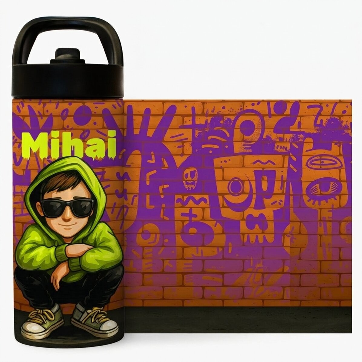 Thermos avec poignée et paille, personnalisé avec un prénom - Graffiti
