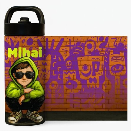 Thermos avec poignée et paille, personnalisé avec un prénom - Graffiti
