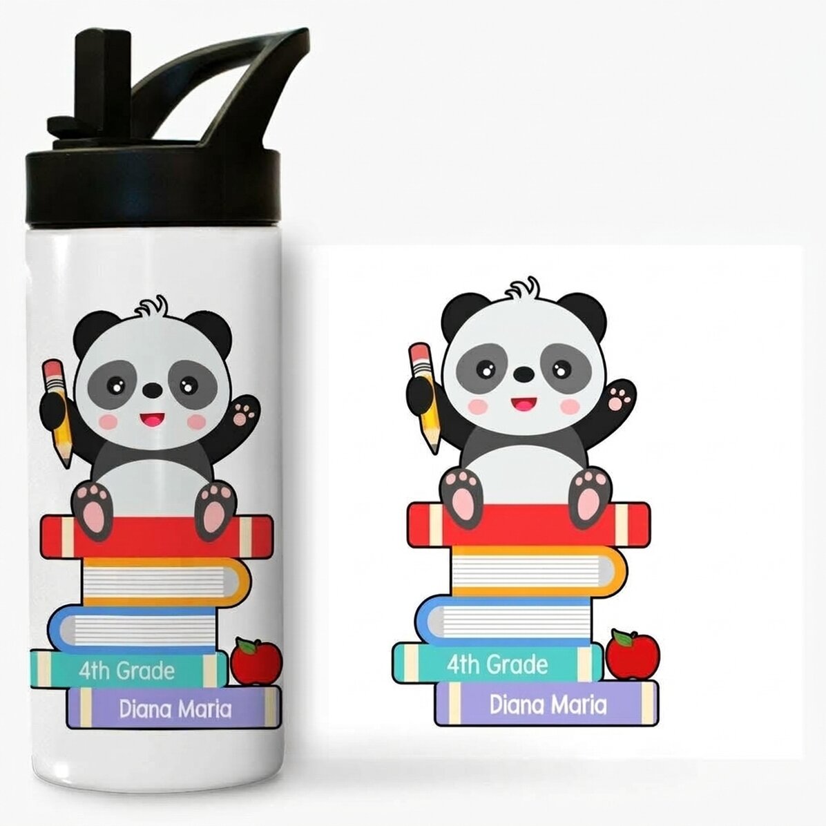 Thermos avec poignée et paille, personnalisé avec un message - Cute Panda
