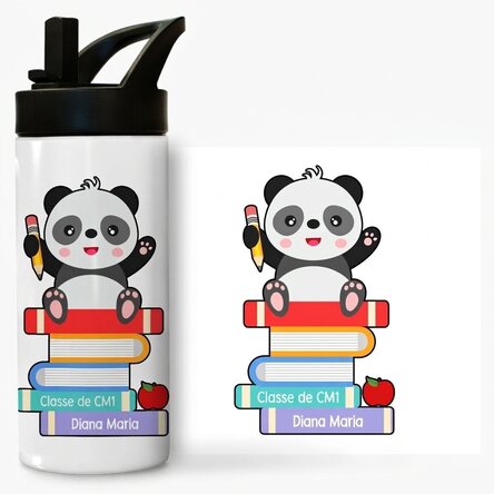 Thermos avec poignée et paille, personnalisé avec un message - Cute Panda