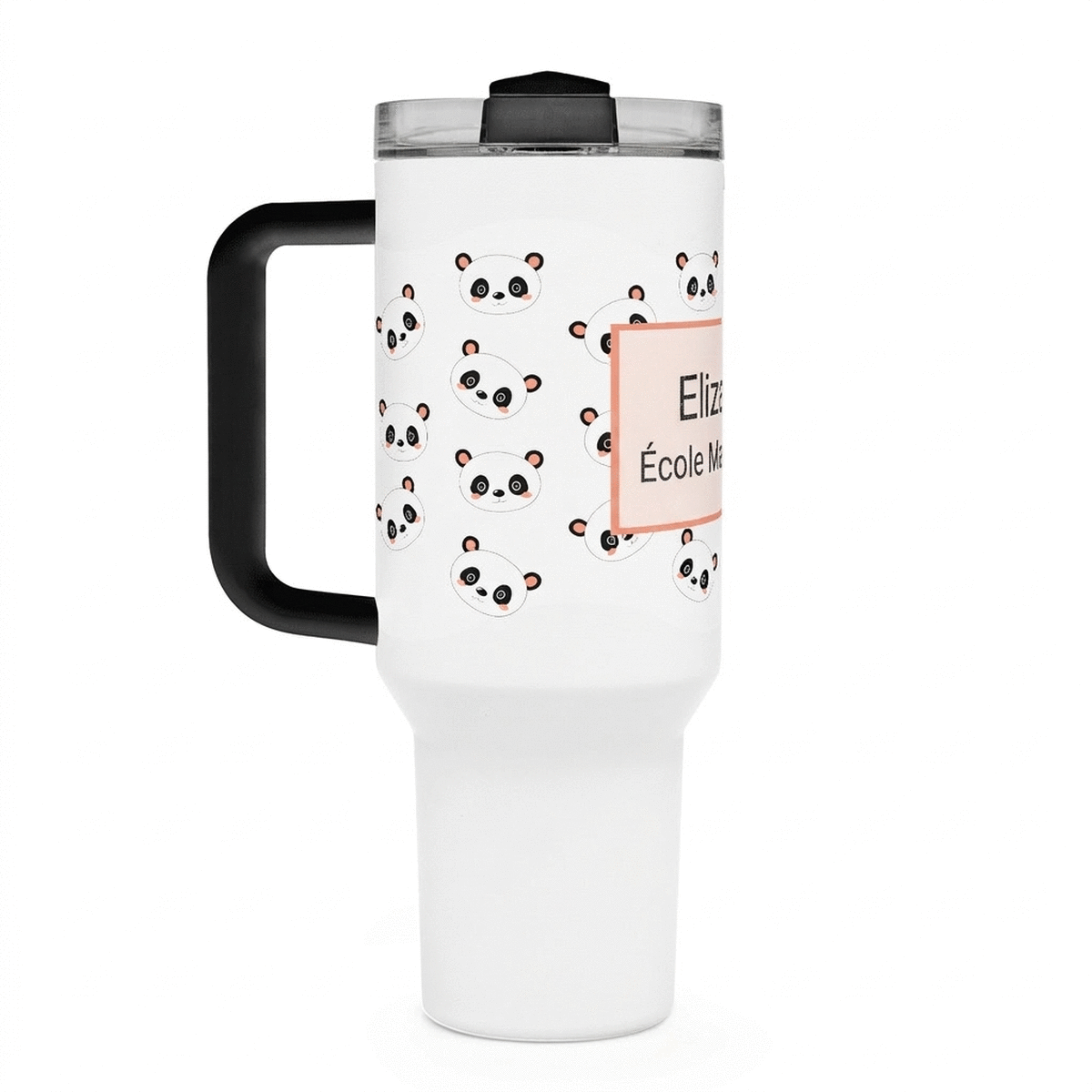 Tasse isotherme avec poignée et paille, personnalisée avec un texte - Cute Panda