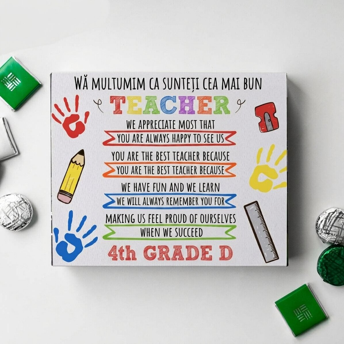 Boîte de bonbons personnalisée avec un message pour une enseignante