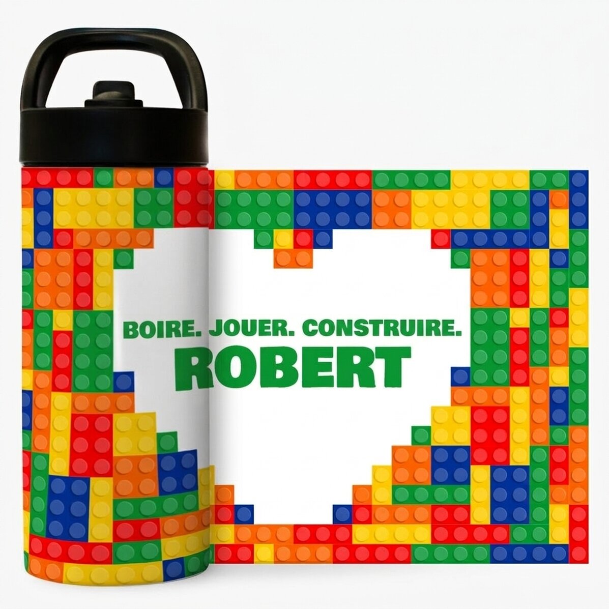 Thermos avec poignée et paille, personnalisé avec un prénom - Lego