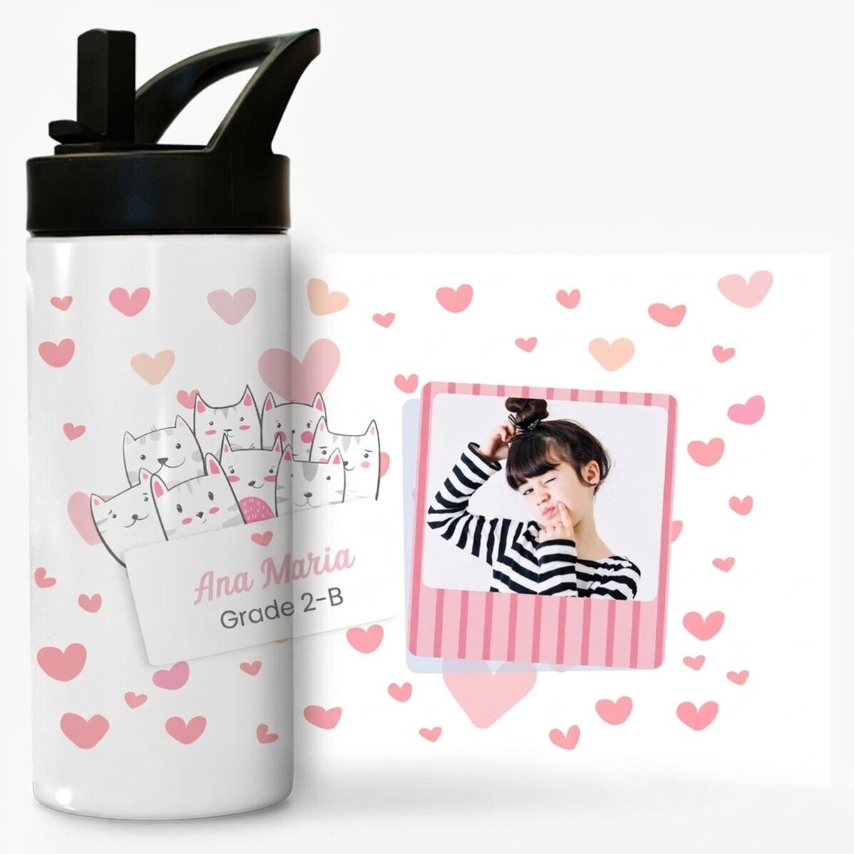 Thermos avec poignée et paille, personnalisé avec un nom et une photo - Kitty