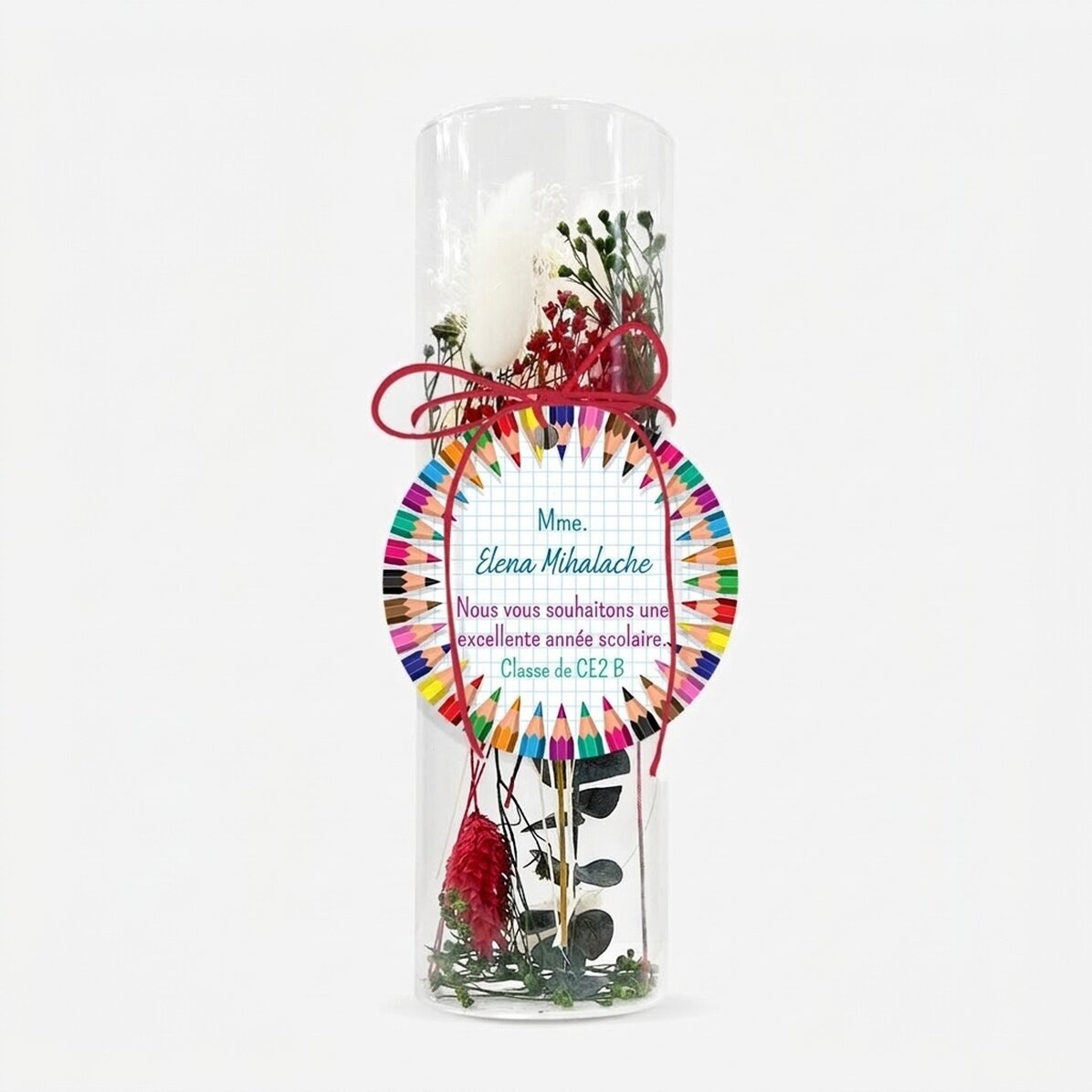 Décoration en verre avec des fleurs stabilisées, personnalisée avec un message pour les enseignantes