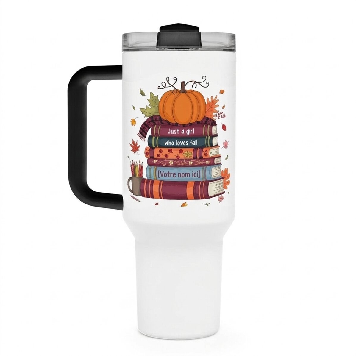 Tasse isotherme avec poignée et paille, personnalisée avec un texte - Books