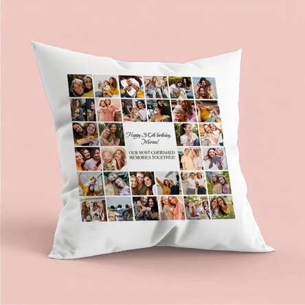 Coussin personnalisé avec 32 photos et un message - Anniversaire