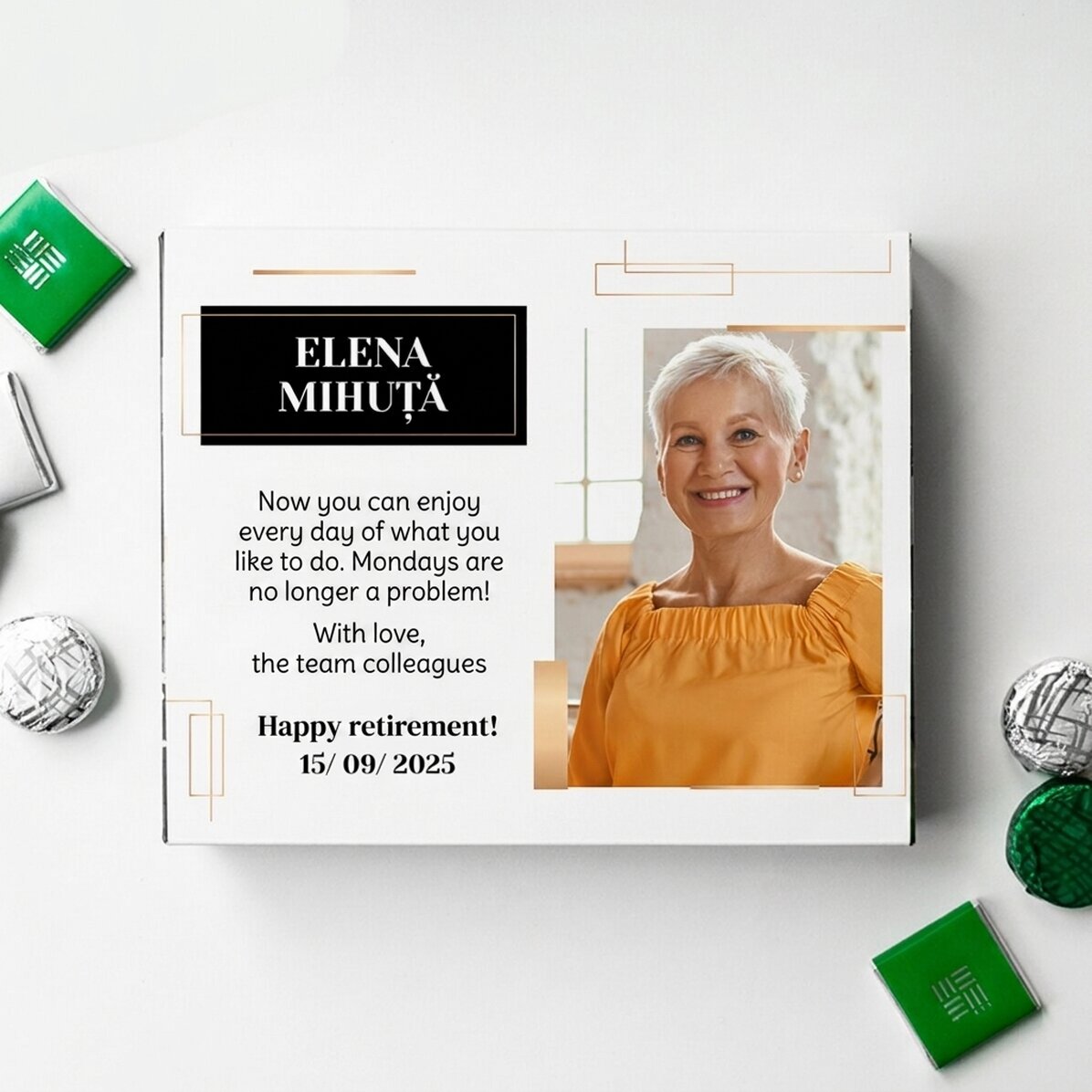 Boîte de bonbons personnalisée avec un message et une photo - Départ à la retraite