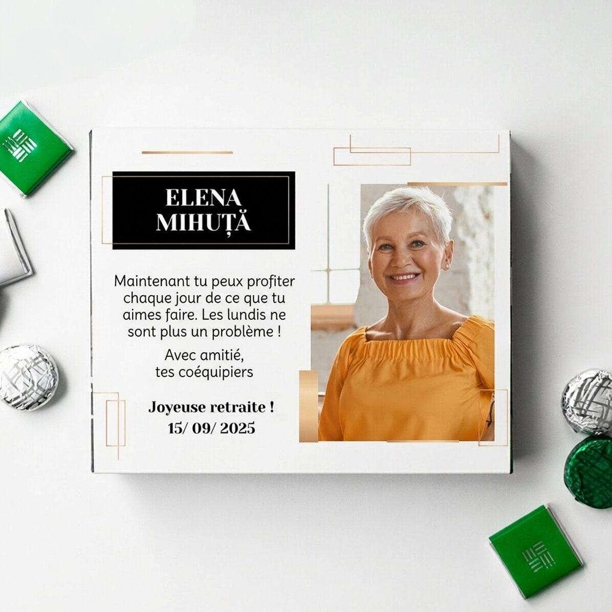 Boîte de bonbons personnalisée avec un message et une photo - Départ à la retraite