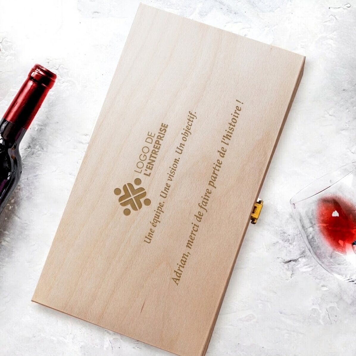 Coffret à vin personnalisé pour deux bouteilles de vin, avec logo et texte - Merci