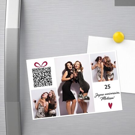 Aimant personnalisé de 15 x 10 cm avec texte, photos et code QR - Joyeux anniversaire !