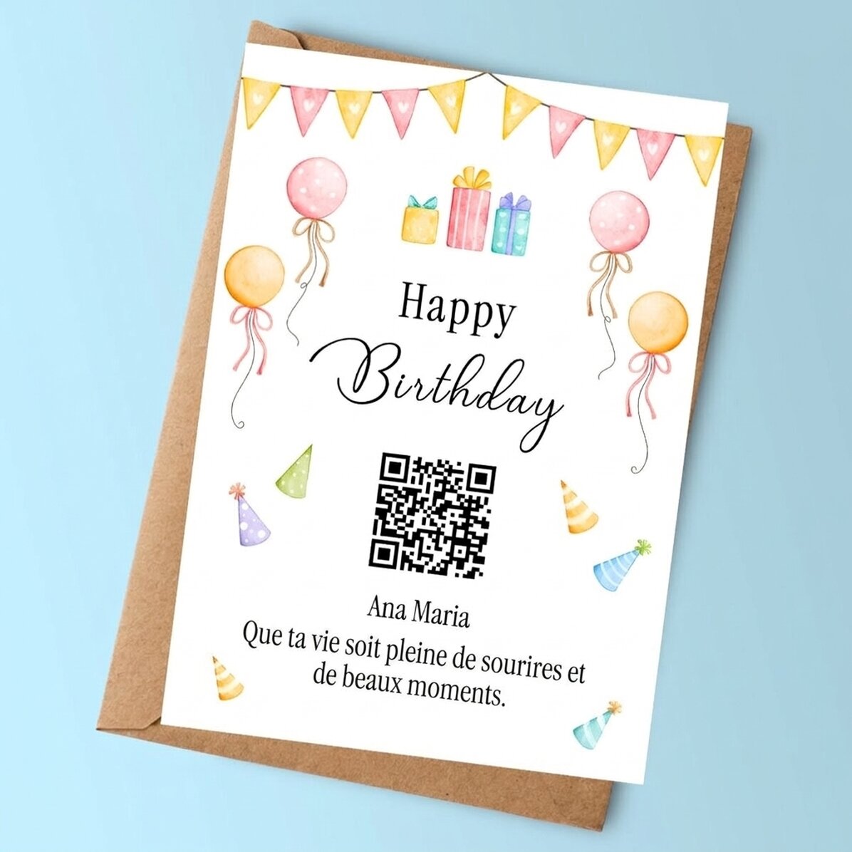 Carte personnalisée avec texte et code QR - Joyeux anniversaire !
