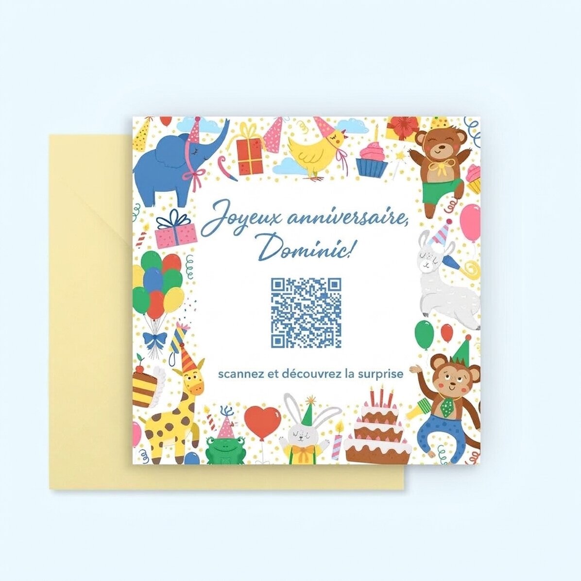 Carte carrée personnalisée avec texte et code QR - Enfants