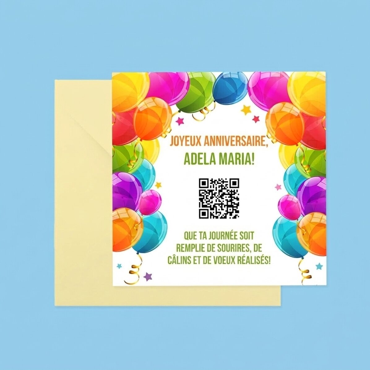 Carte carrée personnalisée avec texte et code QR - Joyeux anniversaire !
