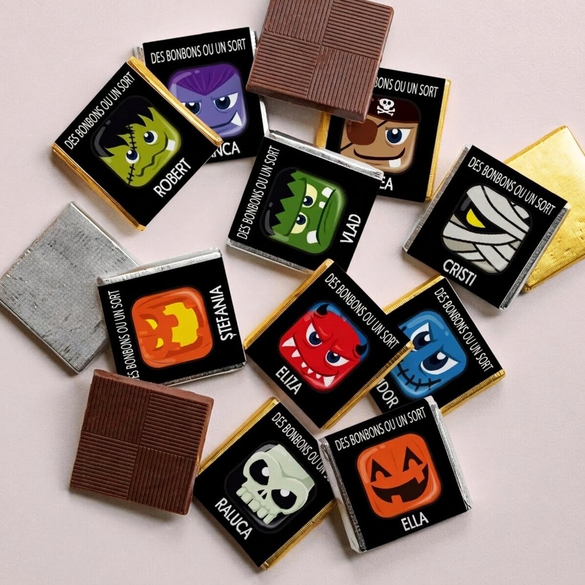 Lot de 10 mini-chocolats personnalisés avec le texte « Trick or Treat »