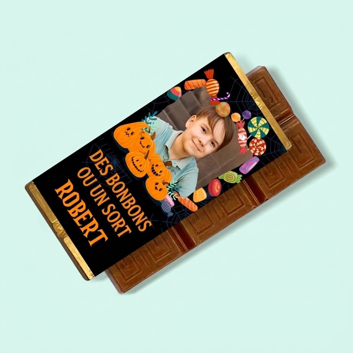Mini-tablette de chocolat personnalisée avec un texte et une photo - Halloween