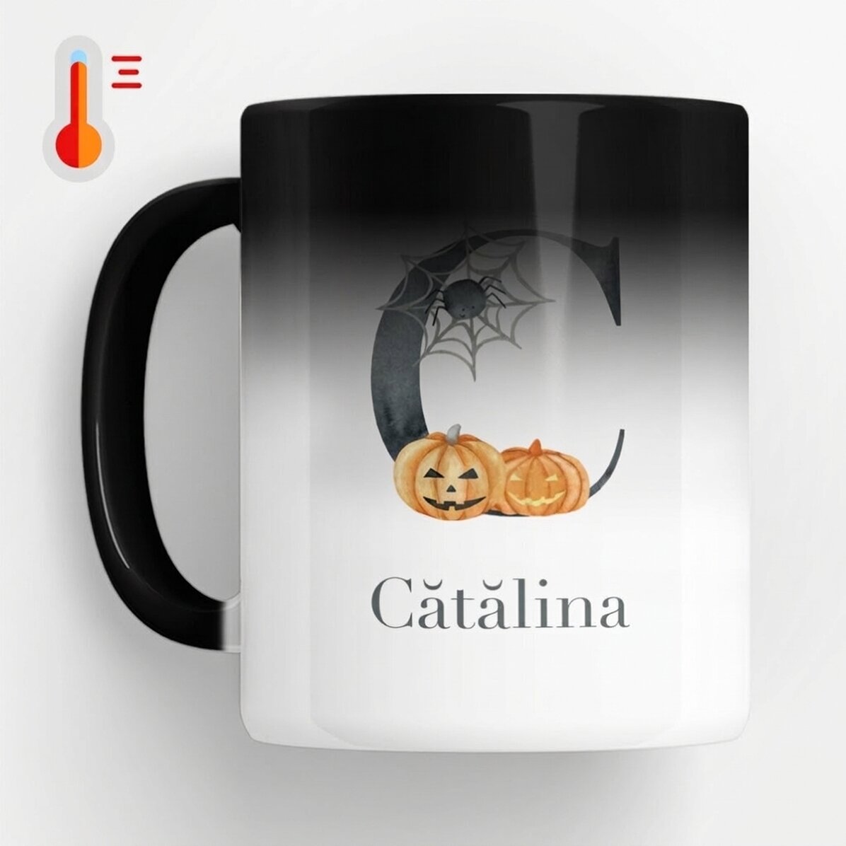 Tasse thermosensible personnalisée avec une initiale et un prénom - Halloween