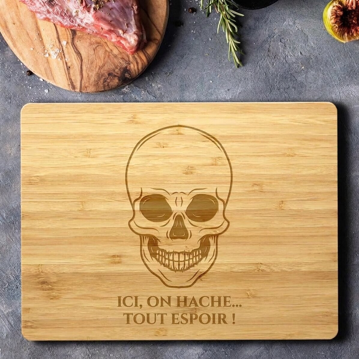 Planche à découper rectangulaire en bambou personnalisée avec un texte - Schelet