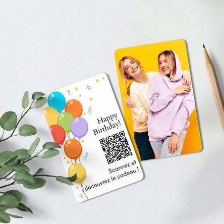 Carte en aluminium personnalisée recto-verso avec un message, un code QR et une photo - Joyeux anniv