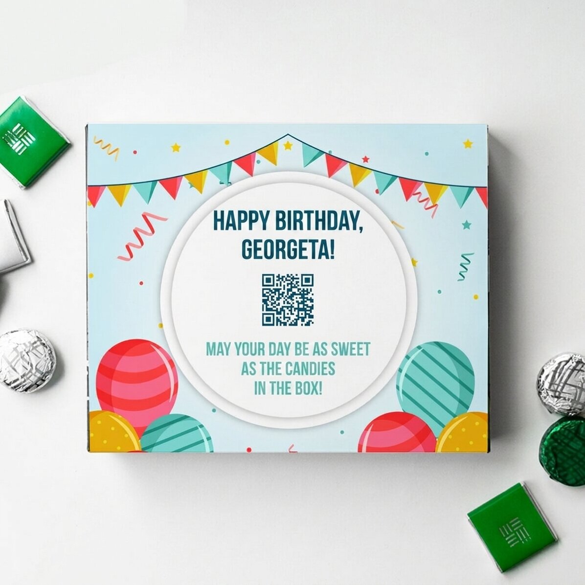 Boîte de bonbons personnalisée avec un message et un code QR - Joyeux anniversaire !